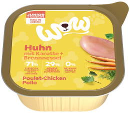 WOW Junior Huhn – kurczak z marchewką i pokrzywą dla szczeniąt (150g)