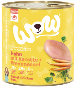 WOW Junior Huhn – kurczak z marchewką i pokrzywą dla szczeniąt (800g)