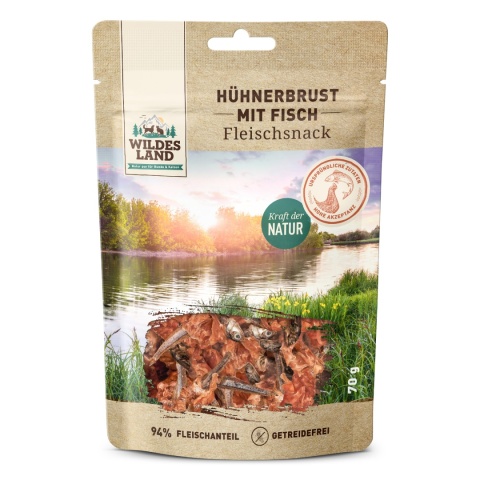 WILDES LAND Hühnerbrust mit Fisch – filet piersi kurczaka z rybkami - przysmaki mięsne dla psa i kota (70g)